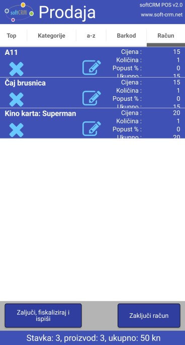 Android mobilna aplikacija softCRM maloprodajna kasa